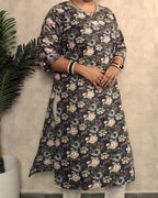 Navy Blue Kantha Floral Print Cotton Kurti