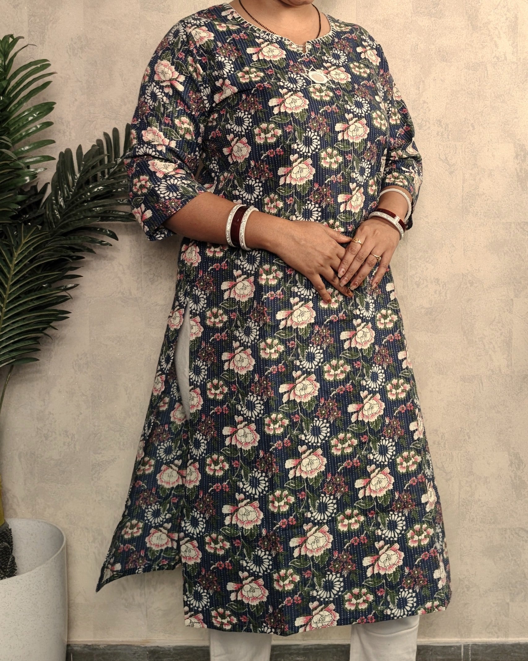 Navy Blue Kantha Floral Print Cotton Kurti