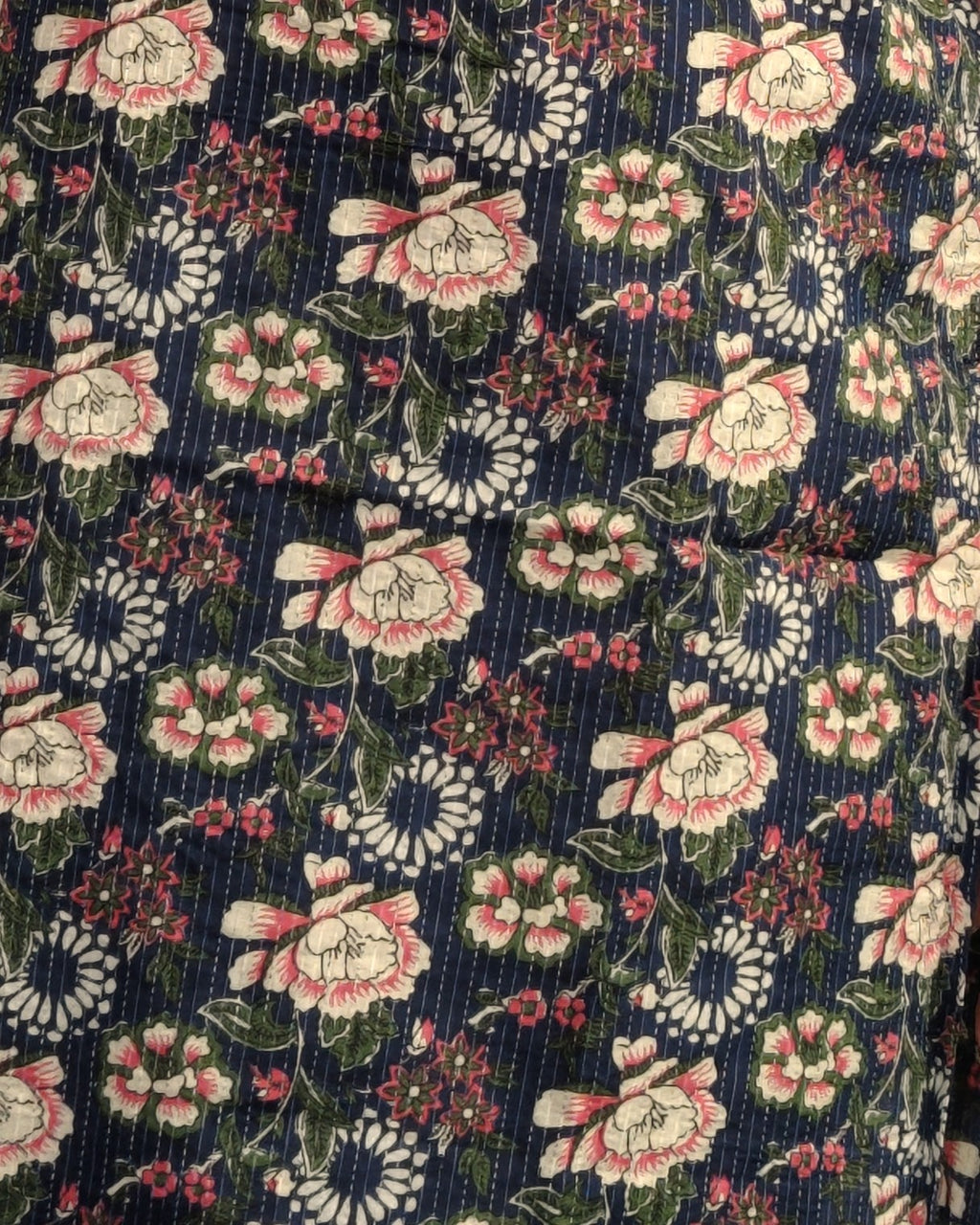 Navy Blue Kantha Floral Print Cotton Kurti
