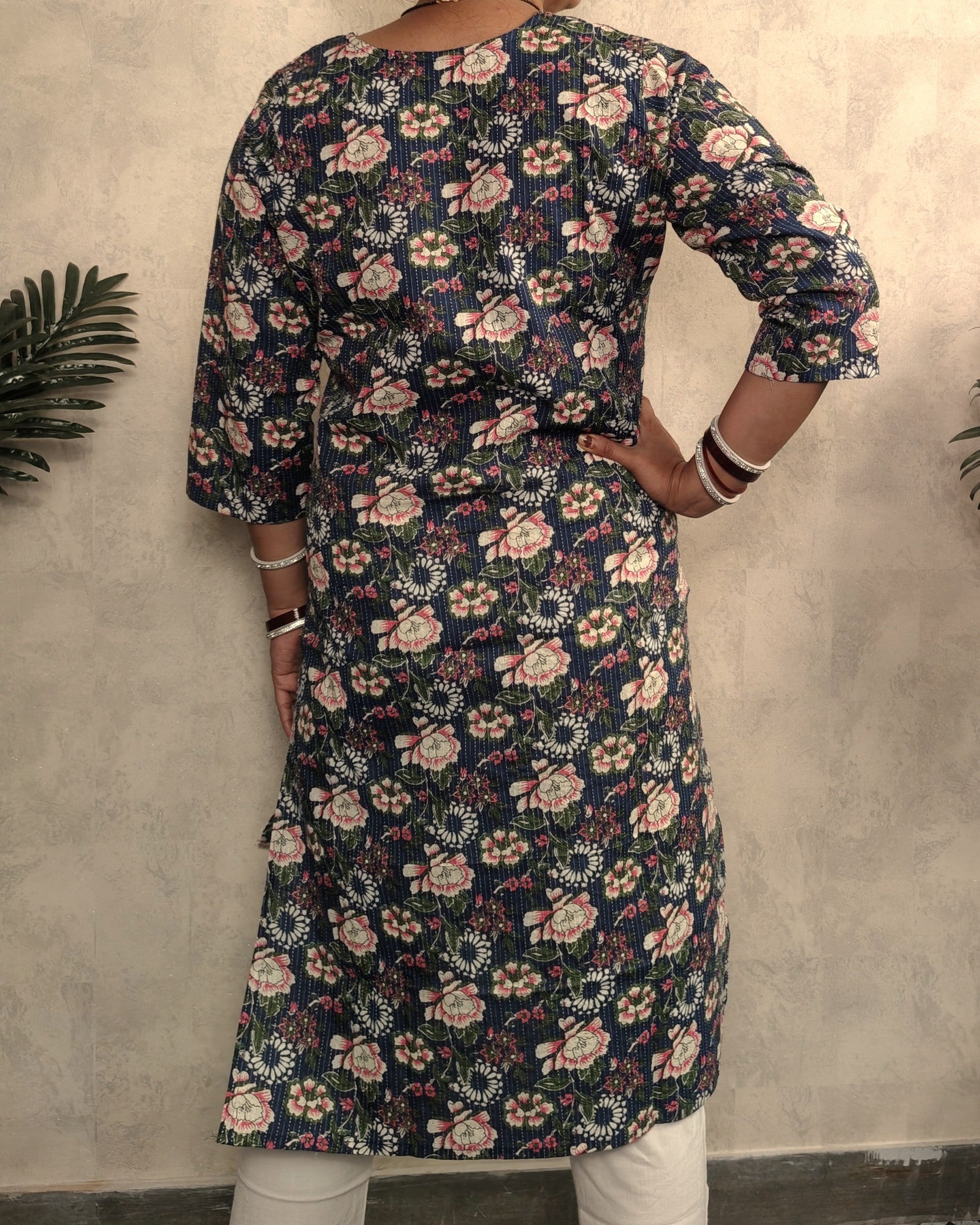 Navy Blue Kantha Floral Print Cotton Kurti