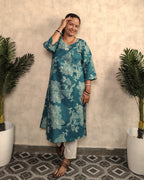 Teal Blue Outline Floral Print Cotton Kurti