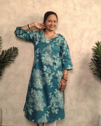 Teal Blue Outline Floral Print Cotton Kurti
