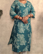 Teal Blue Outline Floral Print Cotton Kurti