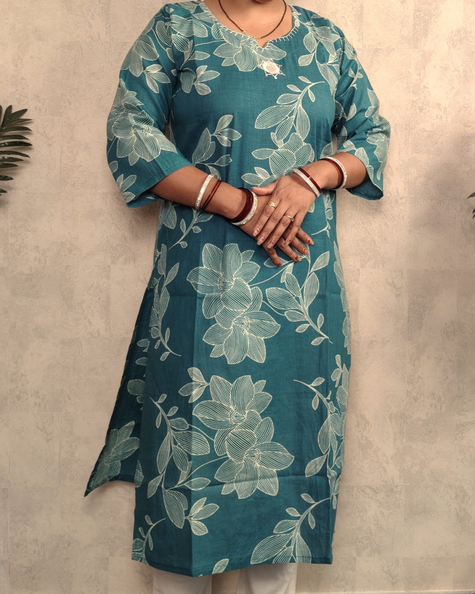 Teal Blue Outline Floral Print Cotton Kurti
