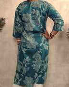 Teal Blue Outline Floral Print Cotton Kurti