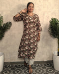 Chocolate Brown Kantha Floral Print Cotton Kurti