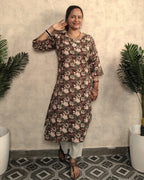 Chocolate Brown Kantha Floral Print Cotton Kurti