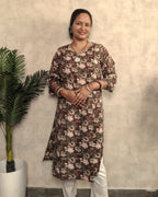 Chocolate Brown Kantha Floral Print Cotton Kurti