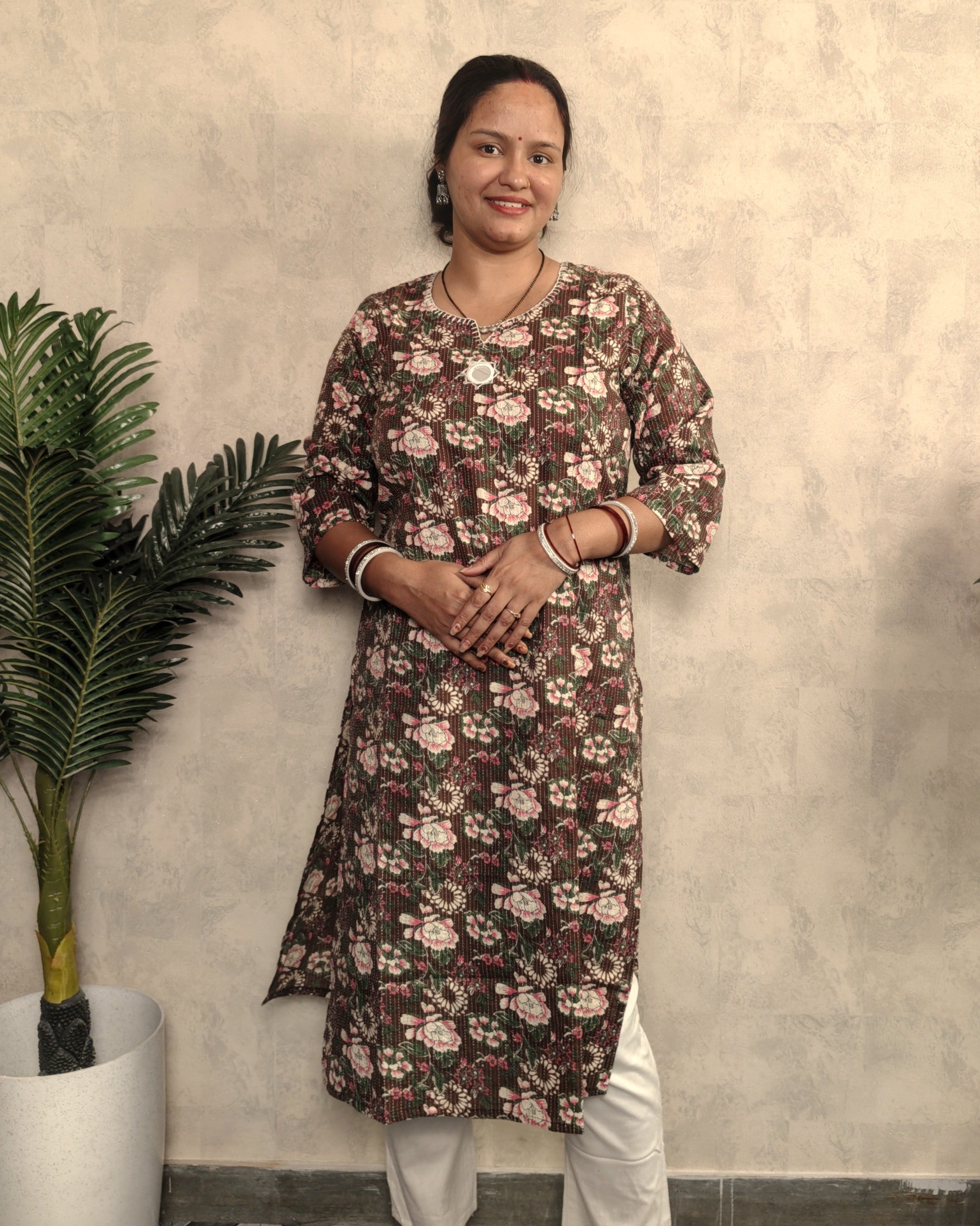 Chocolate Brown Kantha Floral Print Cotton Kurti
