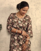 Chocolate Brown Kantha Floral Print Cotton Kurti
