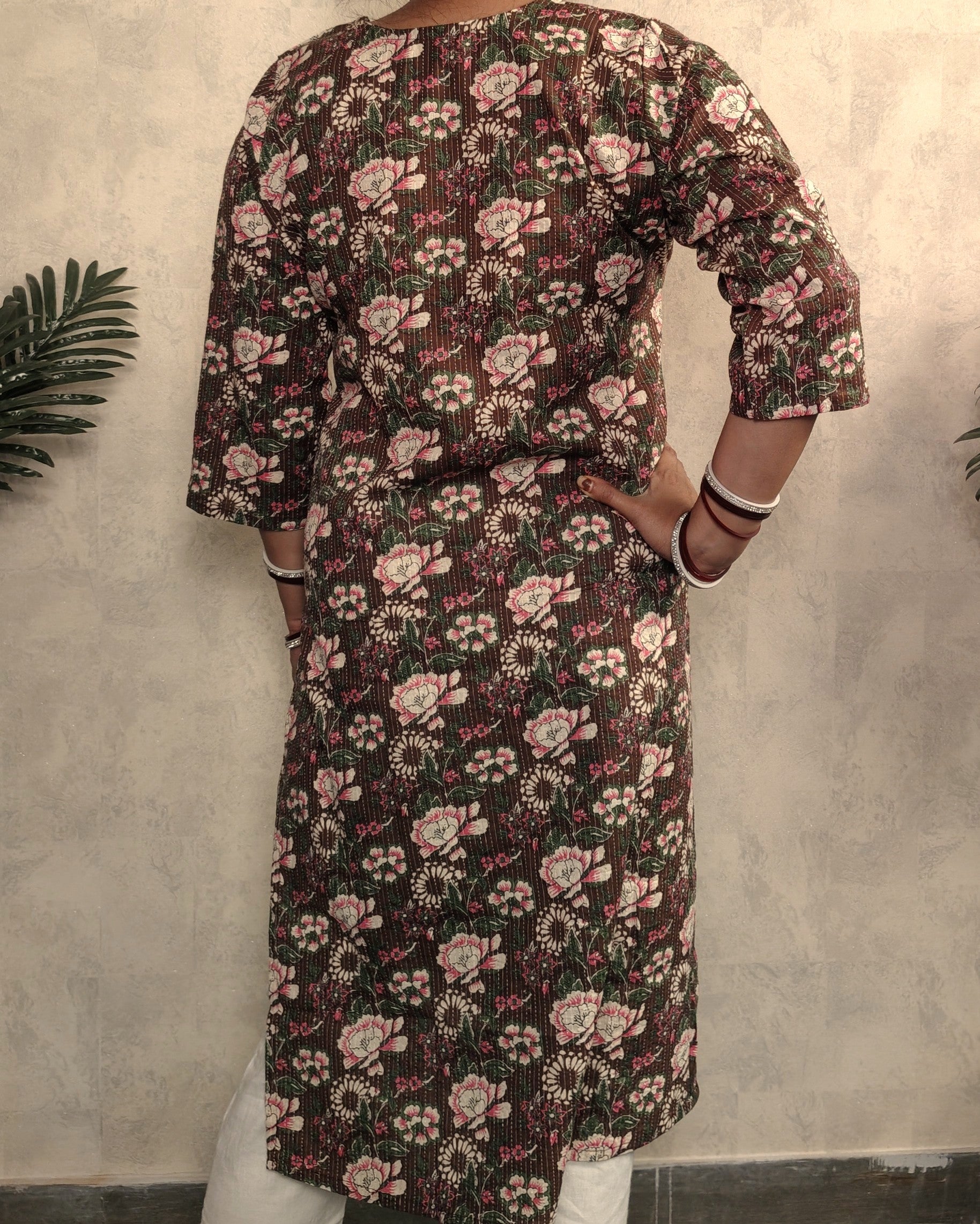 Chocolate Brown Kantha Floral Print Cotton Kurti