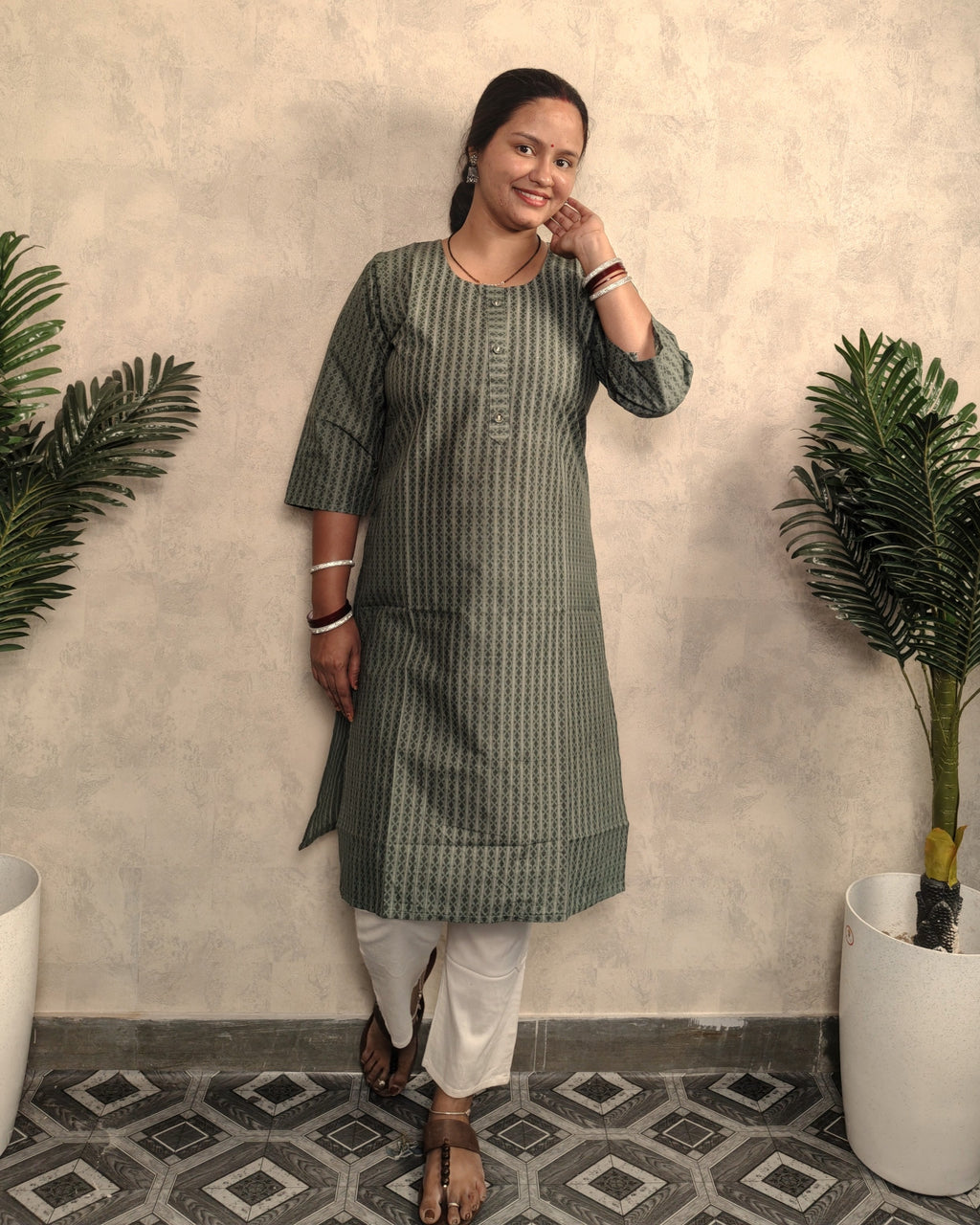 Sage Green Geometric Stripe Print Cotton Kurti