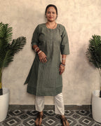 Sage Green Geometric Stripe Print Cotton Kurti