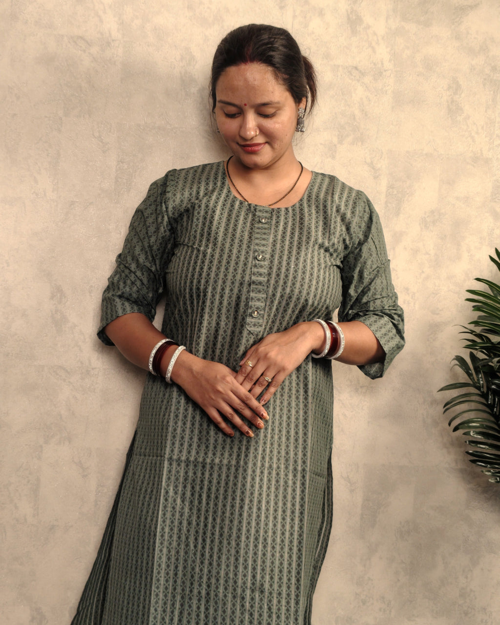 Sage Green Geometric Stripe Print Cotton Kurti