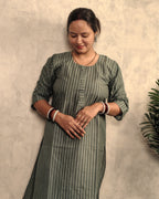 Sage Green Geometric Stripe Print Cotton Kurti