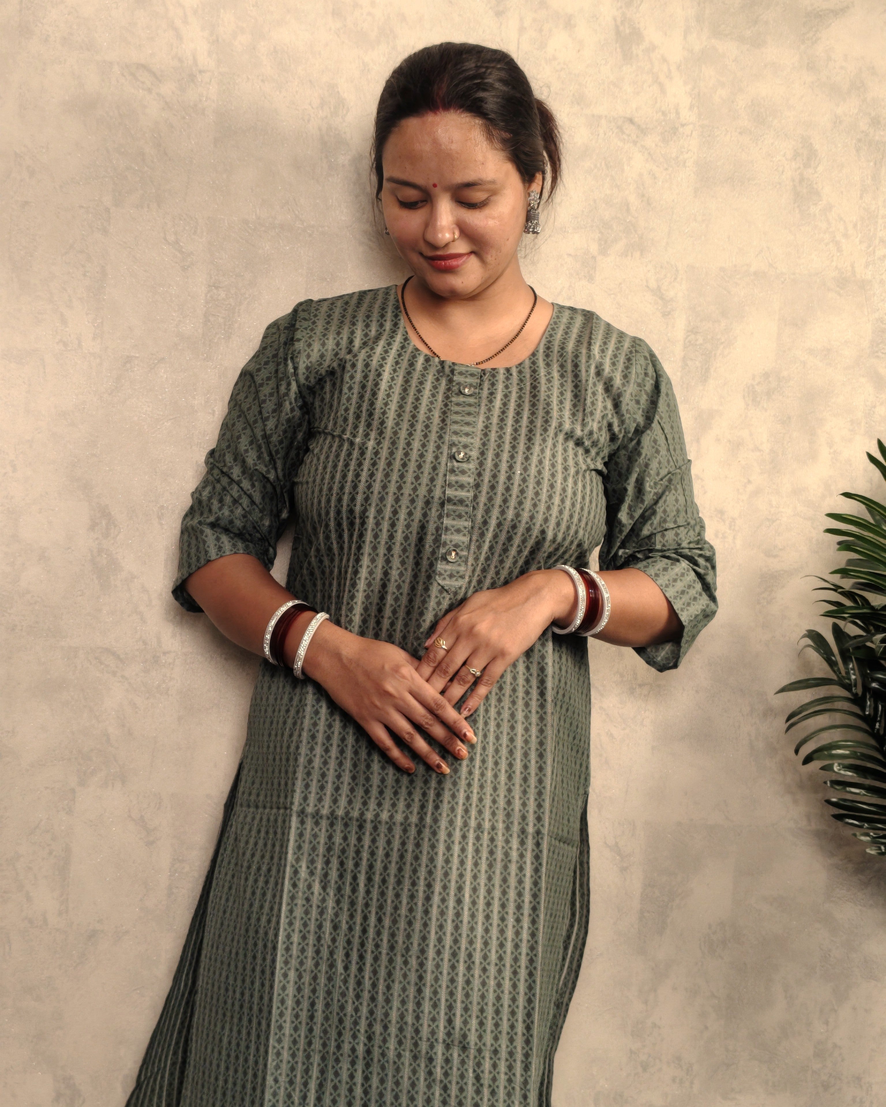Sage Green Geometric Stripe Print Cotton Kurti
