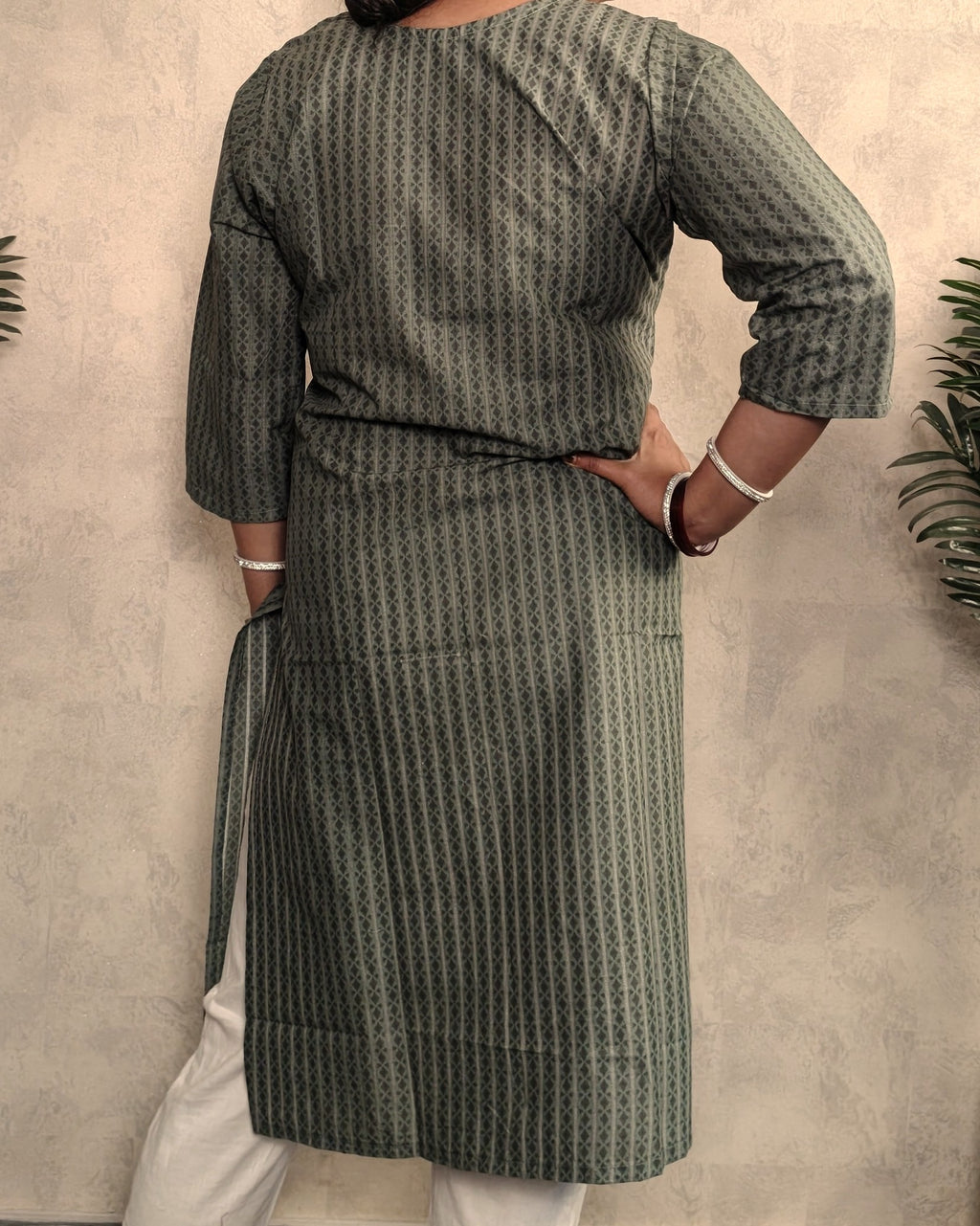 Sage Green Geometric Stripe Print Cotton Kurti