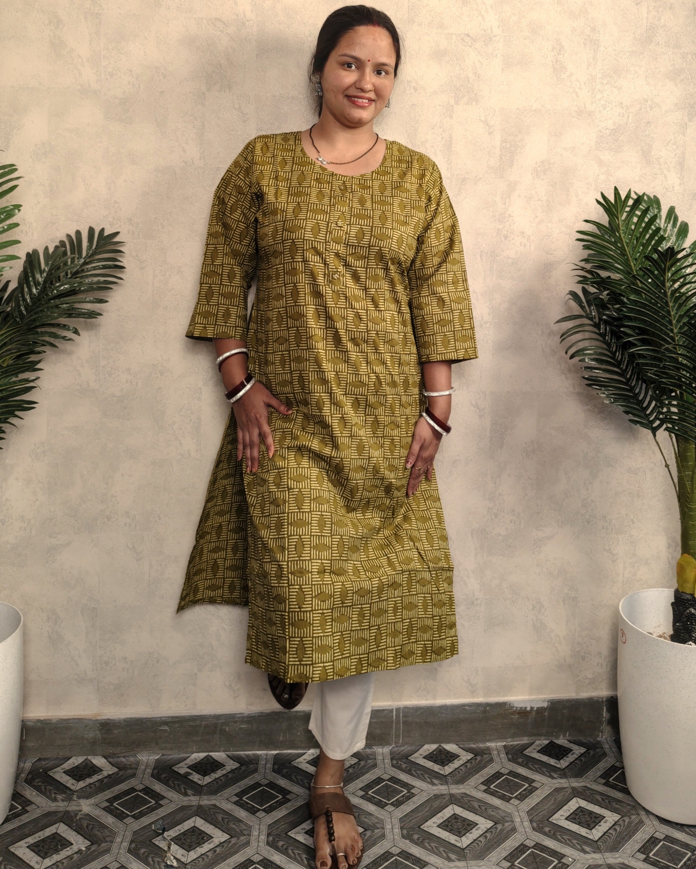 Mehendi Green Tribal Block Print Cotton Kurti