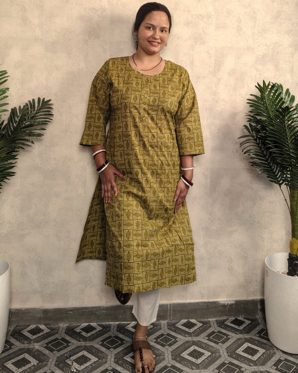 Mehendi Green Tribal Block Print Cotton Kurti