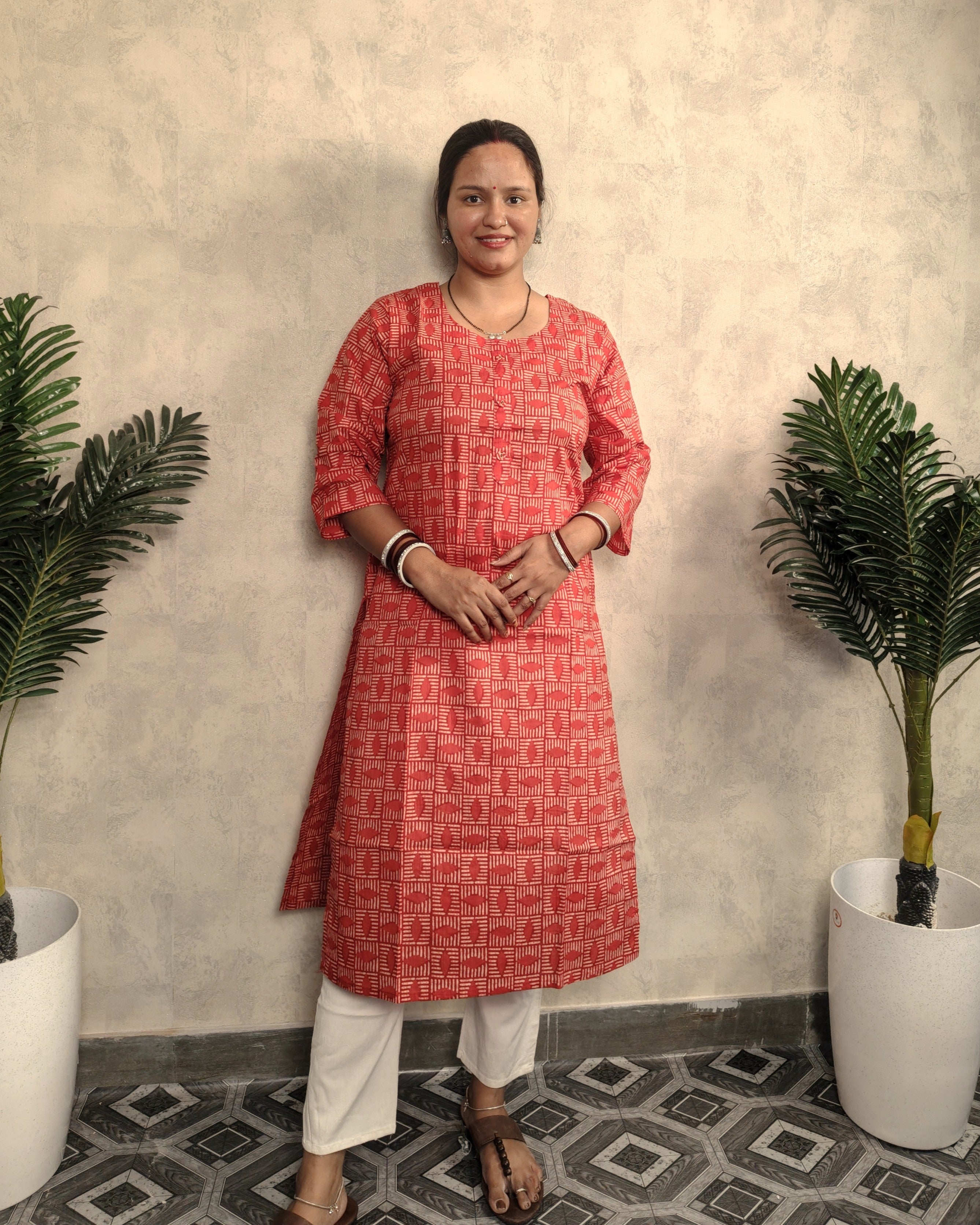 Brick Red Tribal Block Print Cotton Kurti