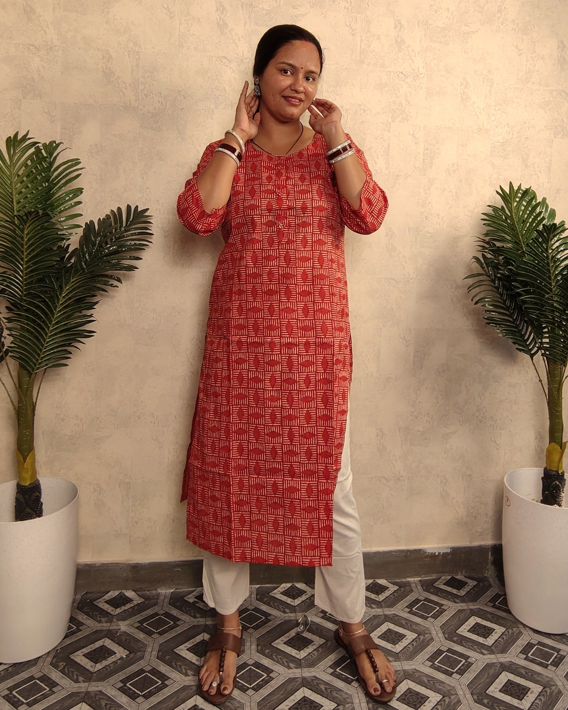 Brick Red Tribal Block Print Cotton Kurti