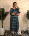 Teal Blue Booti Block Print Cotton Kurti