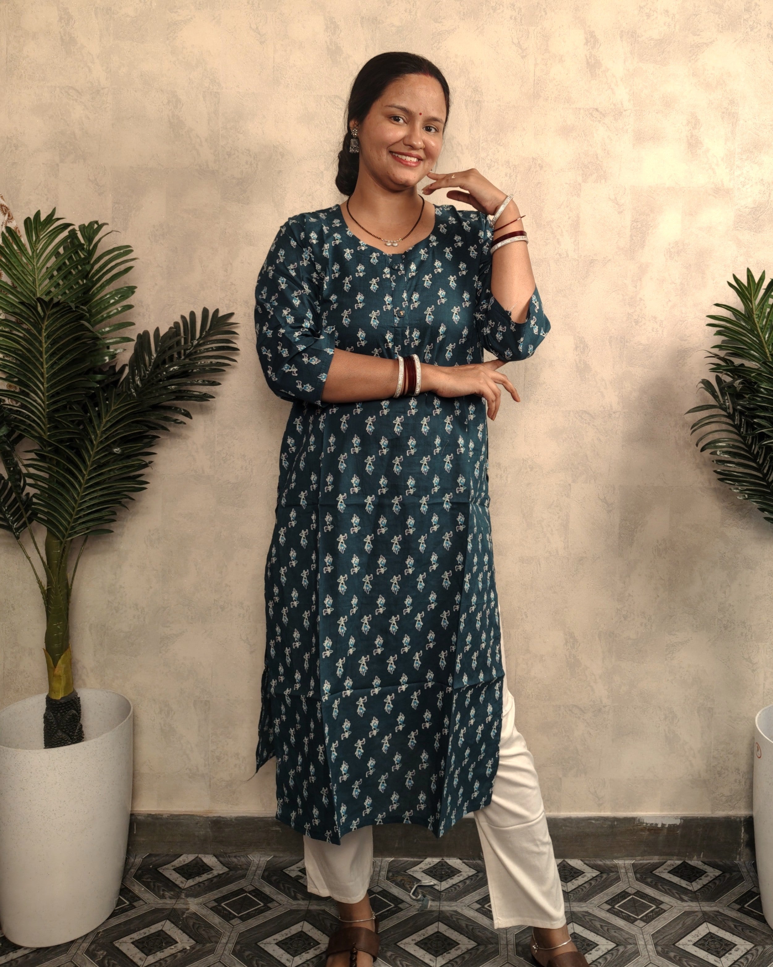 Teal Blue Booti Block Print Cotton Kurti