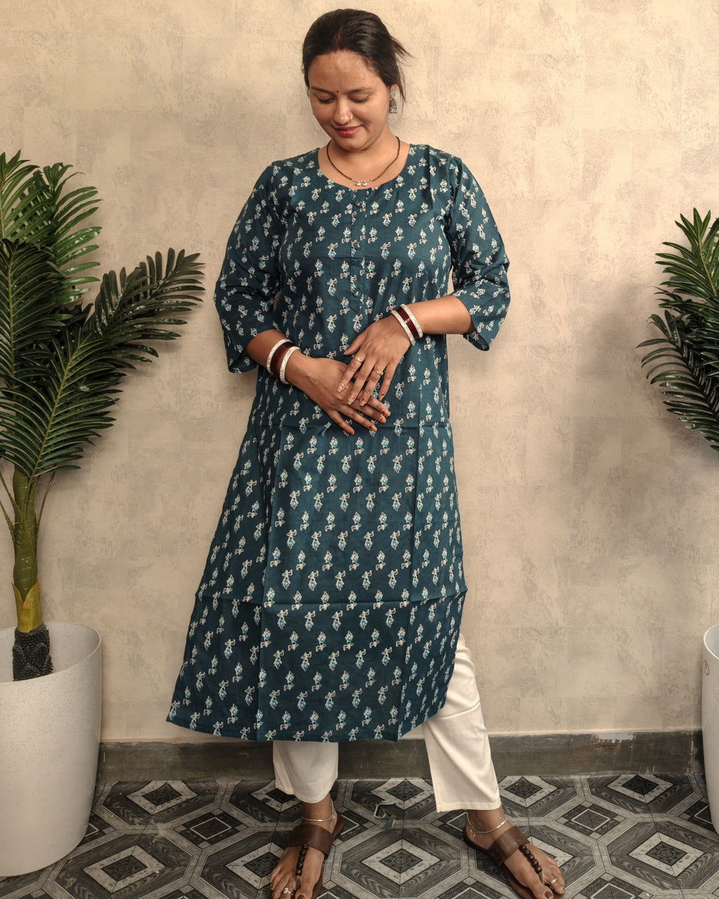 Teal Blue Booti Block Print Cotton Kurti