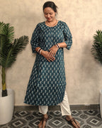 Teal Blue Booti Block Print Cotton Kurti