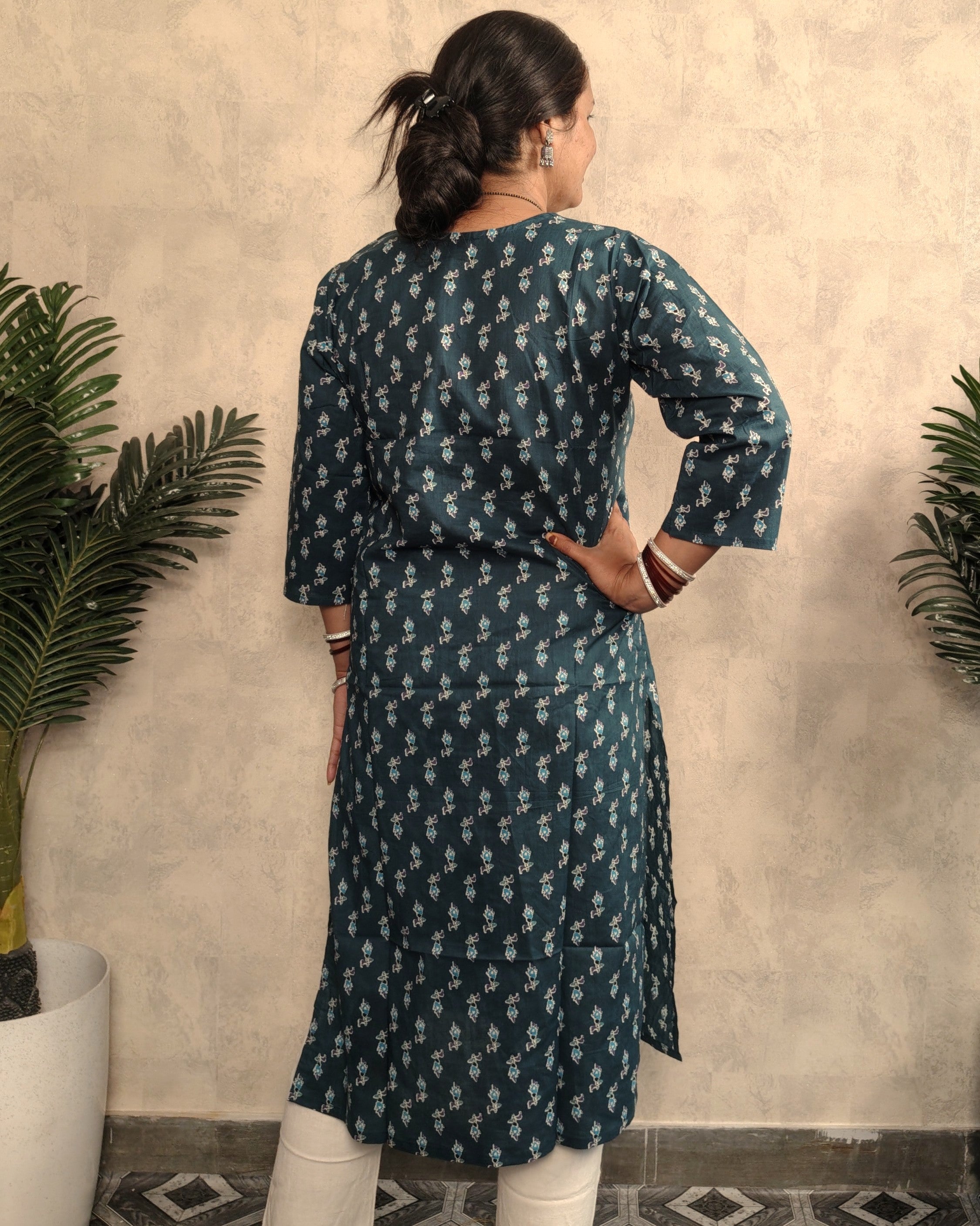 Teal Blue Booti Block Print Cotton Kurti