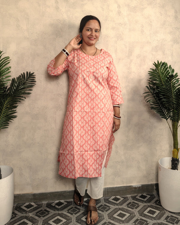 Blush Pink Leaf Booti Block Print Cotton Kurti
