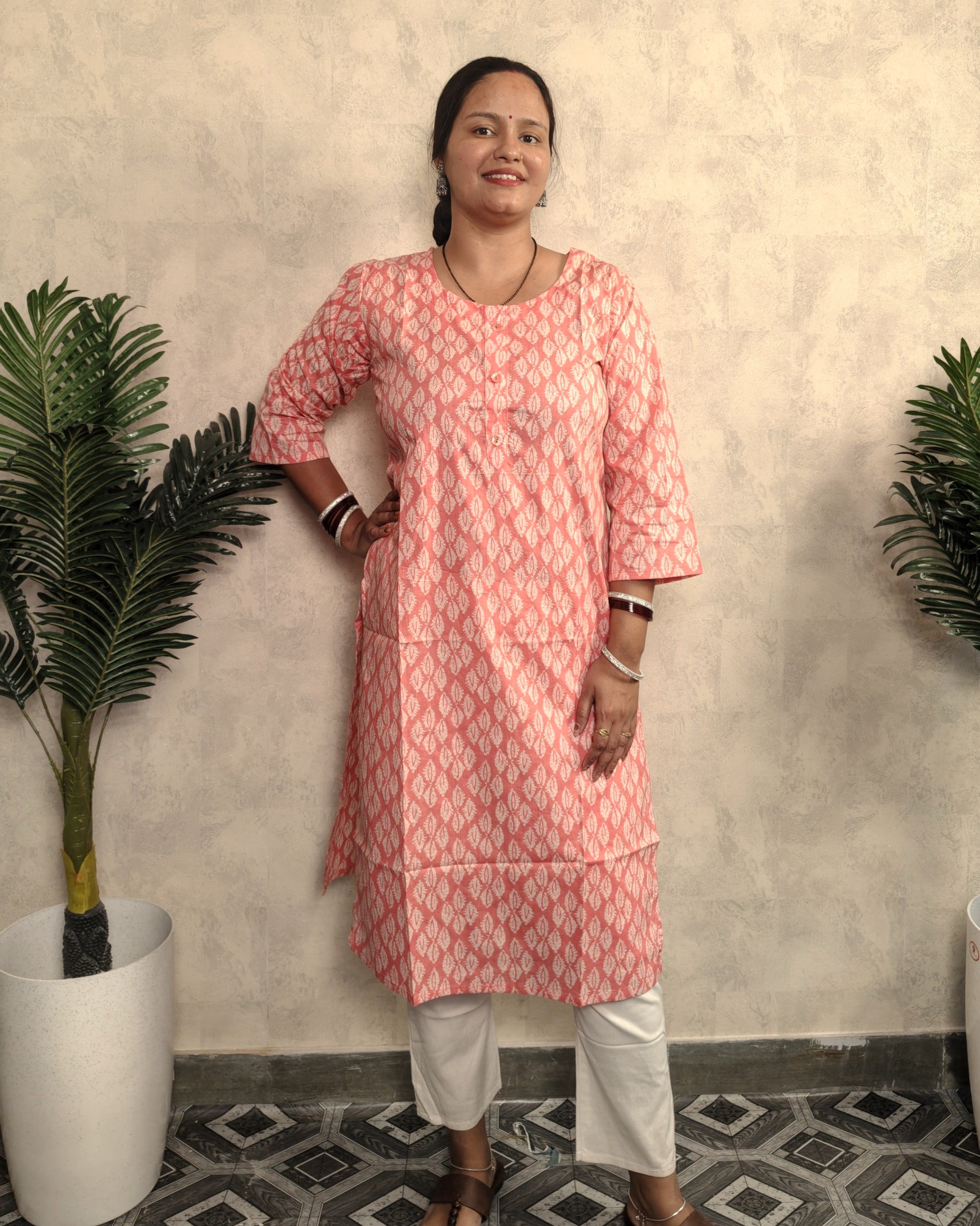 Blush Pink Leaf Booti Block Print Cotton Kurti