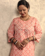 Blush Pink Leaf Booti Block Print Cotton Kurti