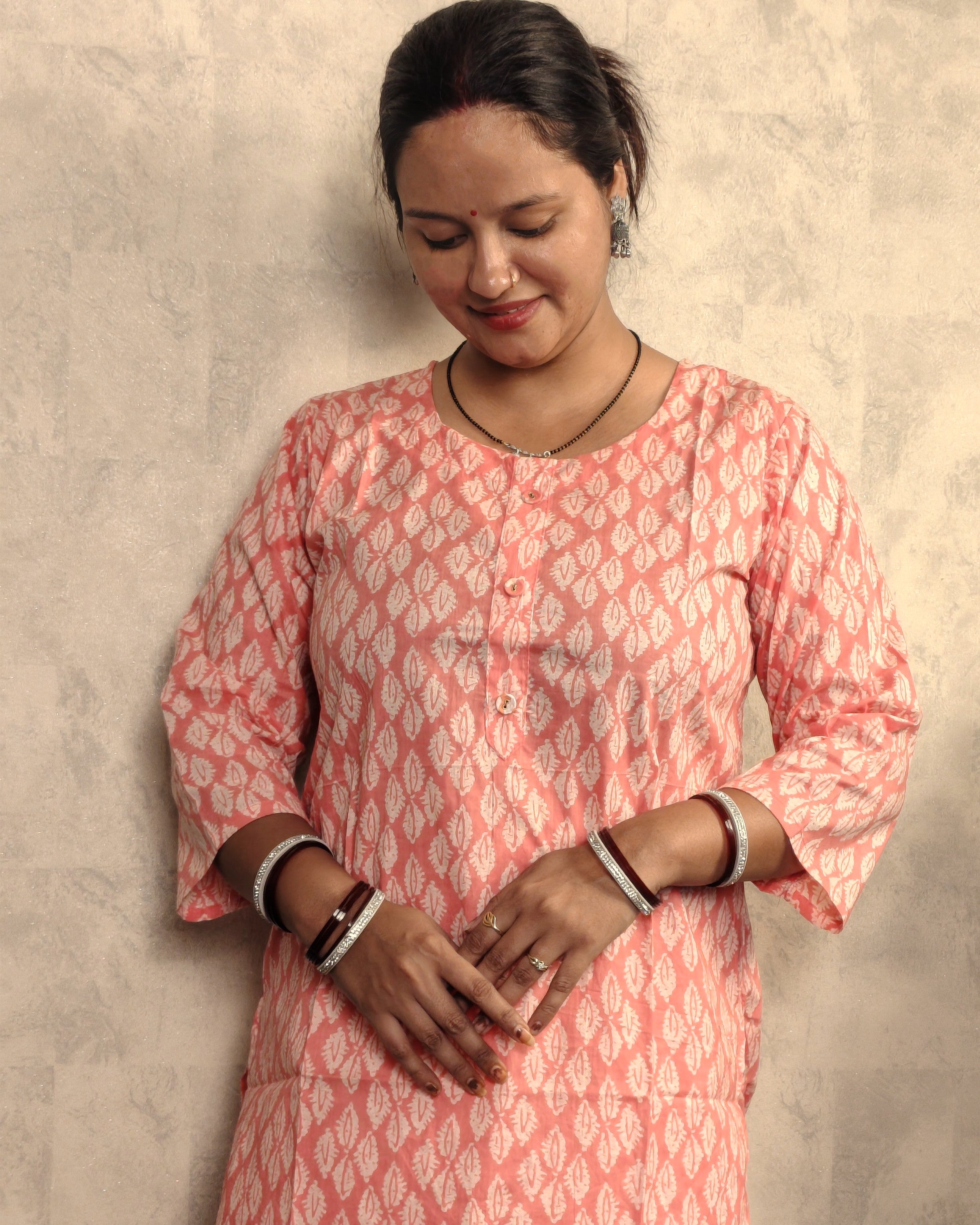 Blush Pink Leaf Booti Block Print Cotton Kurti