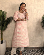 Ivory Pink Floral Booti Block Print Cotton Kurti