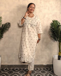 Off-White Green Leaf Booti Block Print Cotton Kurti