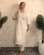 Off-White Green Leaf Booti Block Print Cotton Kurti