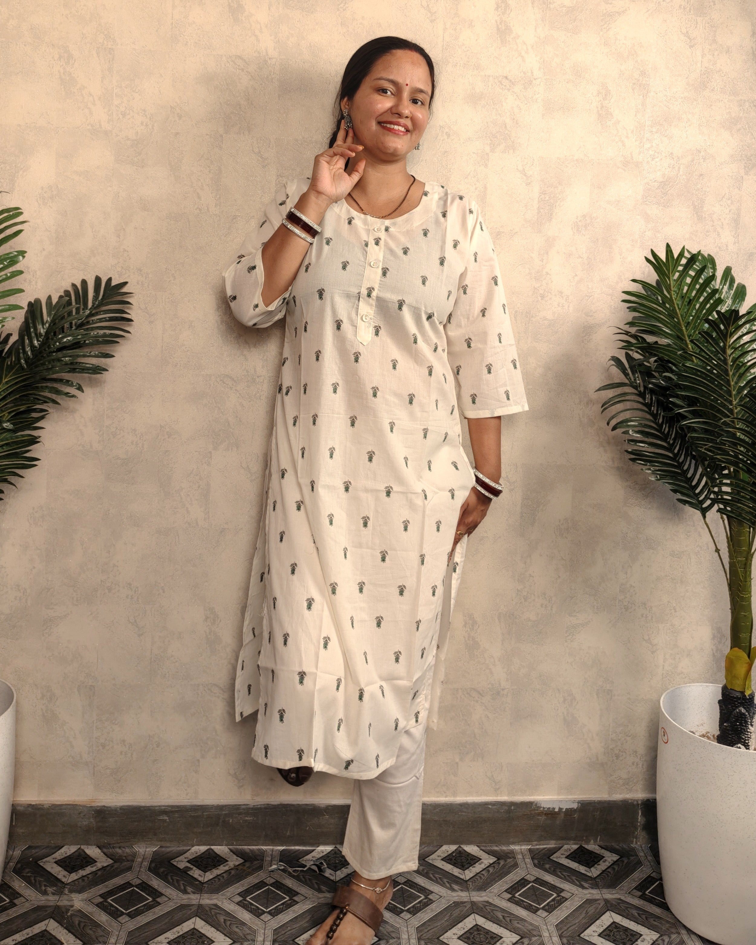 Off-White Green Leaf Booti Block Print Cotton Kurti
