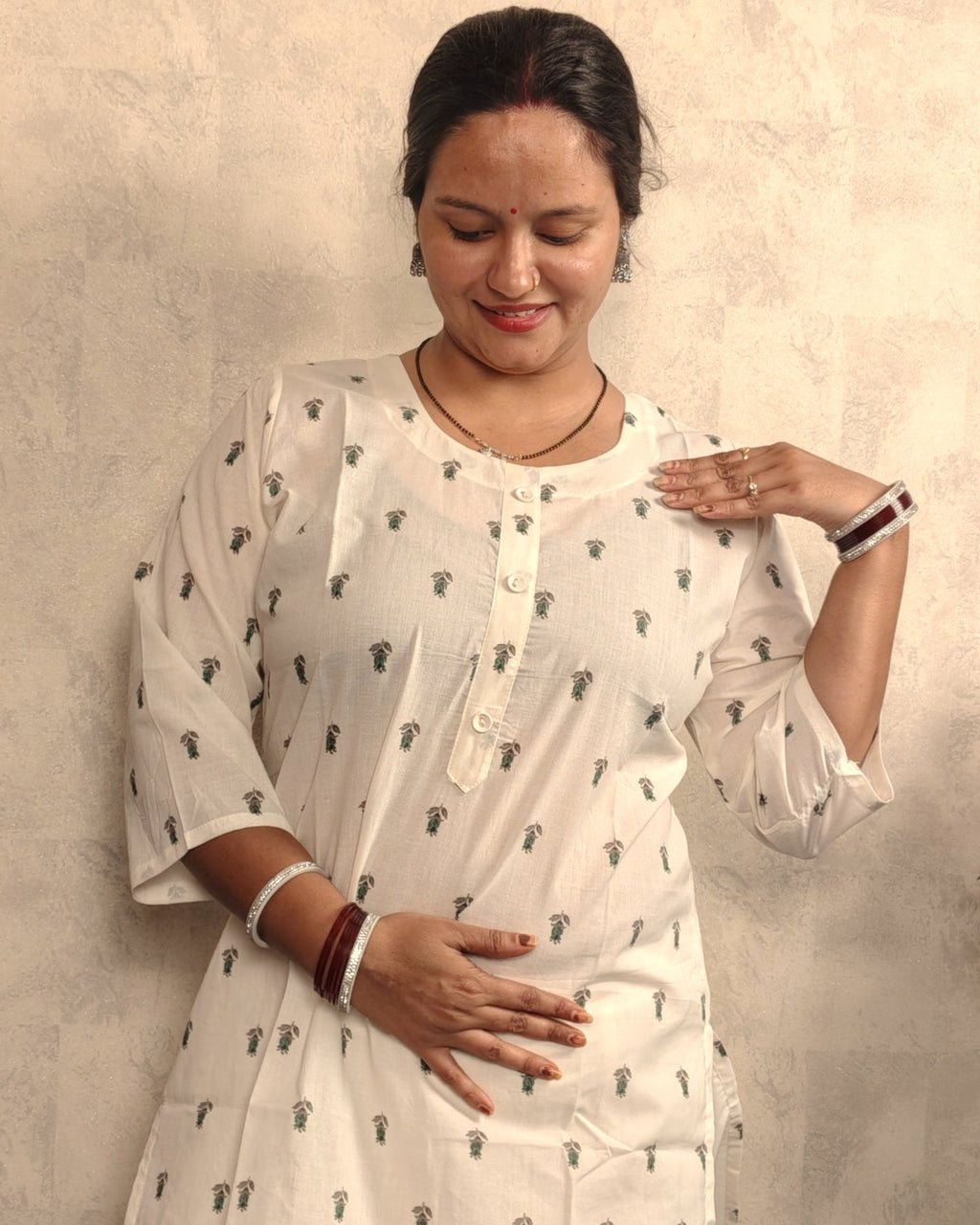 Off-White Green Leaf Booti Block Print Cotton Kurti