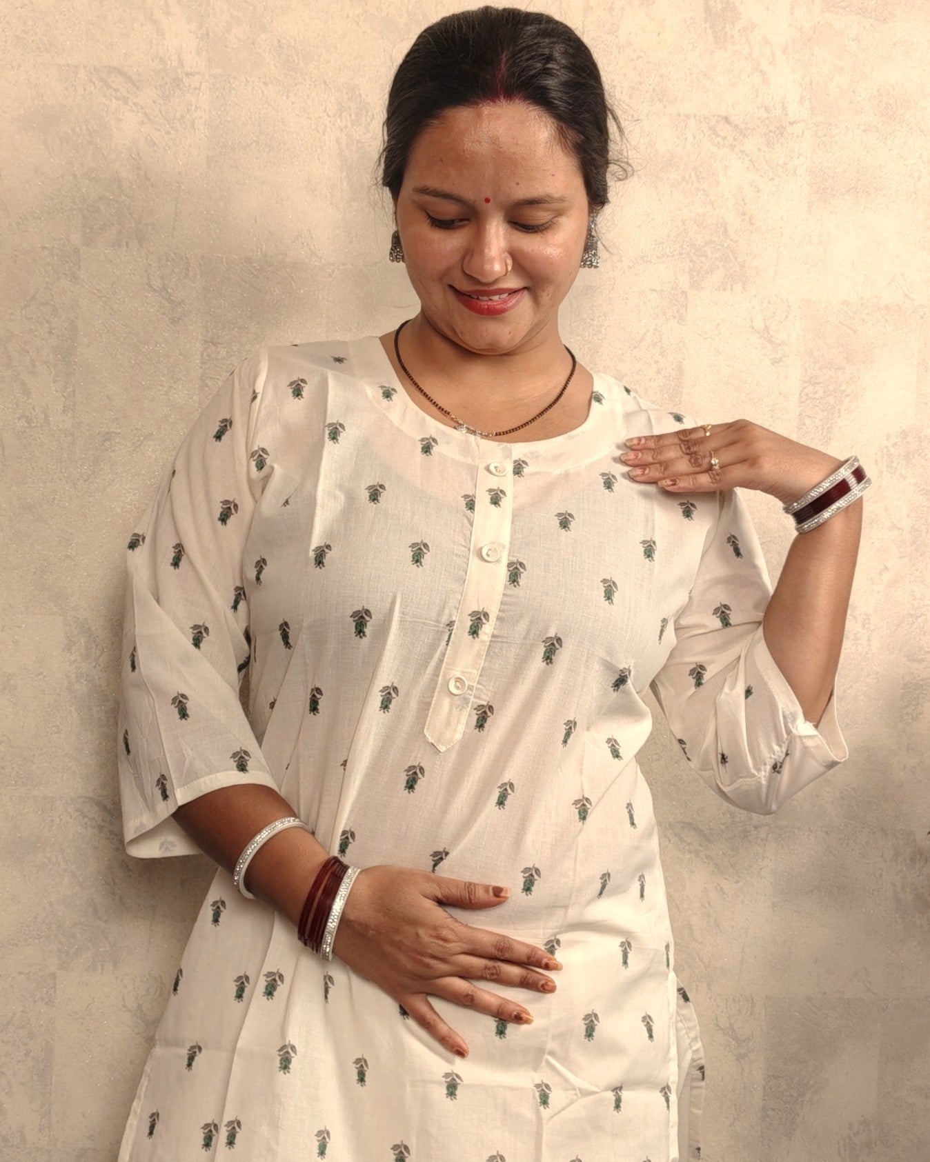 Off-White Green Leaf Booti Block Print Cotton Kurti