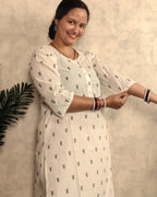 Off-White Green Leaf Booti Block Print Cotton Kurti