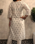 Off-White Green Leaf Booti Block Print Cotton Kurti