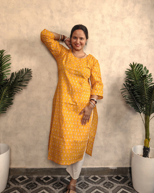 Mustard Yellow Bird Booti Block Print Cotton Kurti