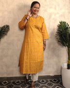 Mustard Yellow Bird Booti Block Print Cotton Kurti