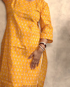 Mustard Yellow Bird Booti Block Print Cotton Kurti