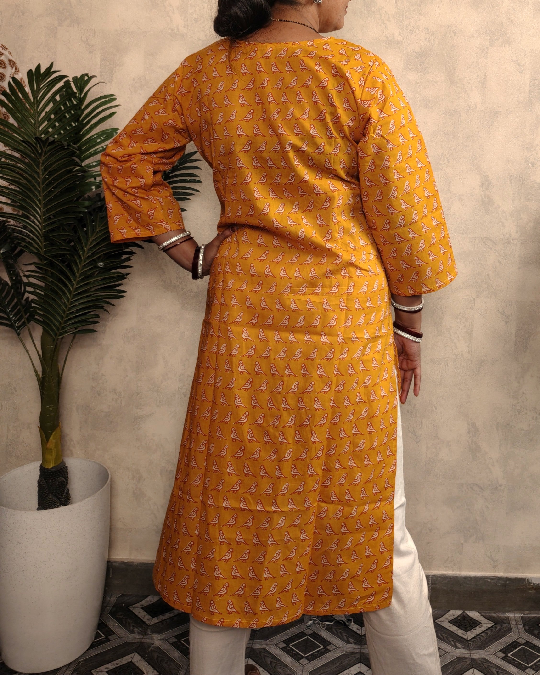 Mustard Yellow Bird Booti Block Print Cotton Kurti
