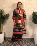Multicolour Patchwork Print Rayon Long Kurta Pant Co-ord Set