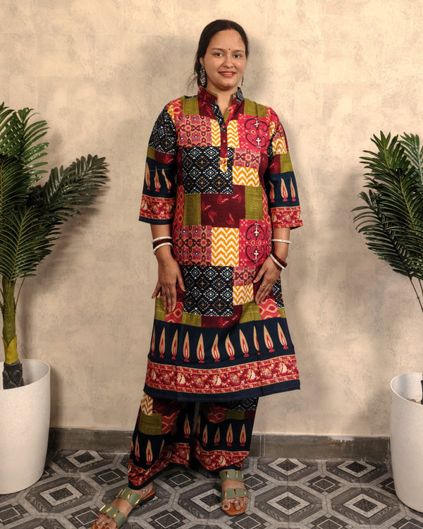 Multicolour Patchwork Print Rayon Long Kurta Pant Co-ord Set