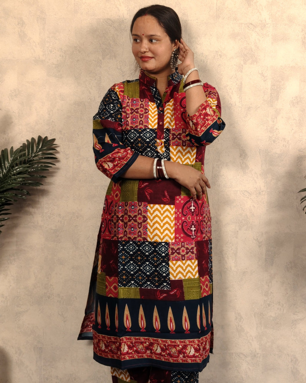 Multicolour Patchwork Print Rayon Long Kurta Pant Co-ord Set