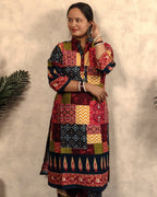 Multicolour Patchwork Print Rayon Long Kurta Pant Co-ord Set